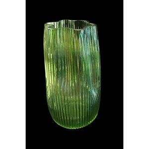 Vibtage Green Ribbed Glass Vase With Wavy Rim PM10 V